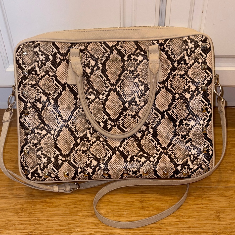 White House Black Market Beige Tote Laptop Bag with Python Print, 15” L
